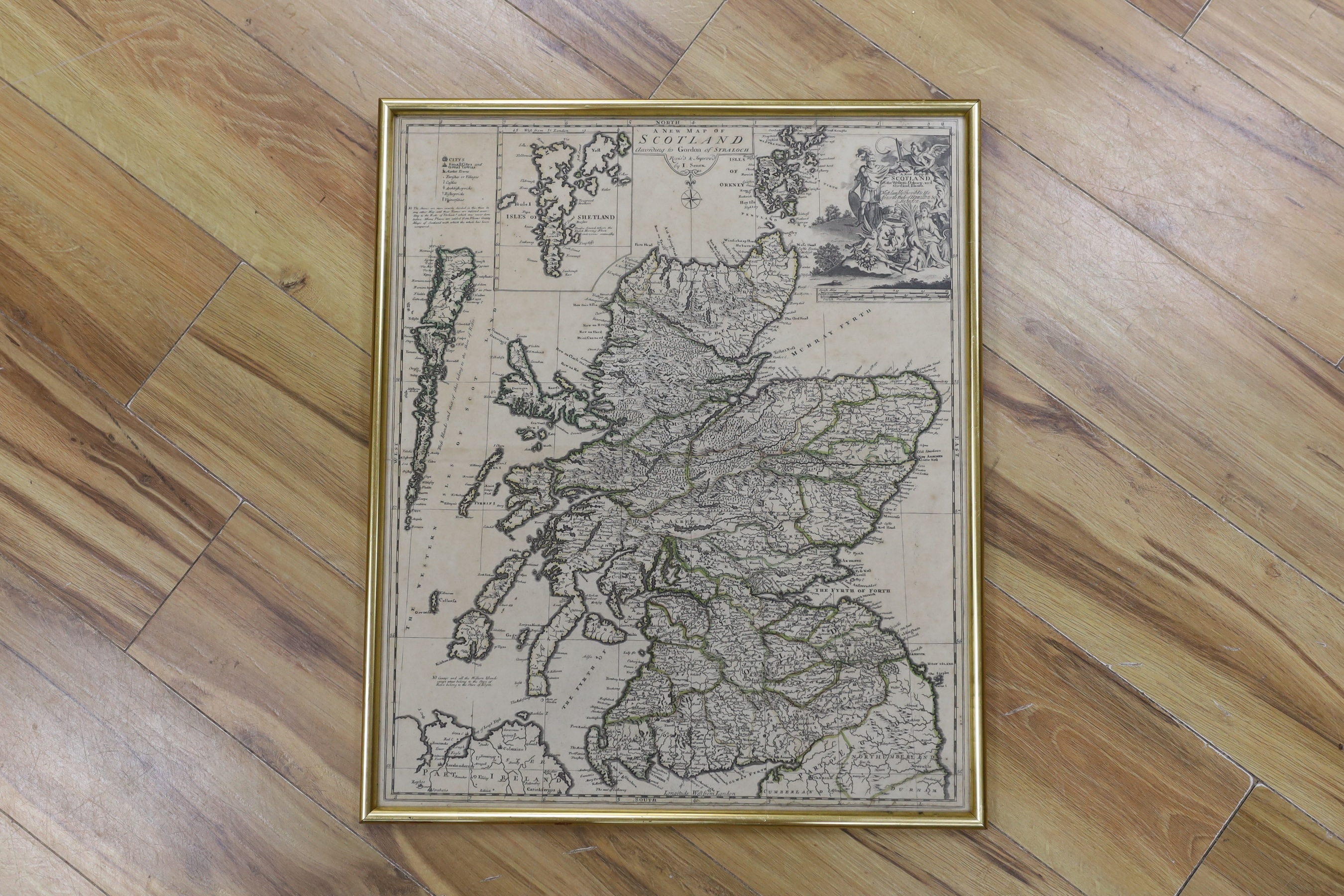 After John Senex (1678-1740), 18th century engraved map, 'A New Map of Scotland according to Gordon of Straloch', 1721, 58 x 48cm